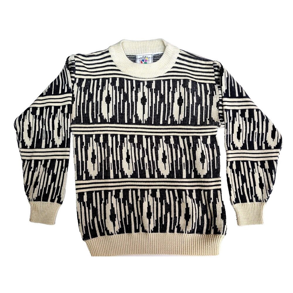 Hoopla Men's Fair Isle Sweater Sz L Vintage Gray & Cream 1989 Chazwas Crew Neck